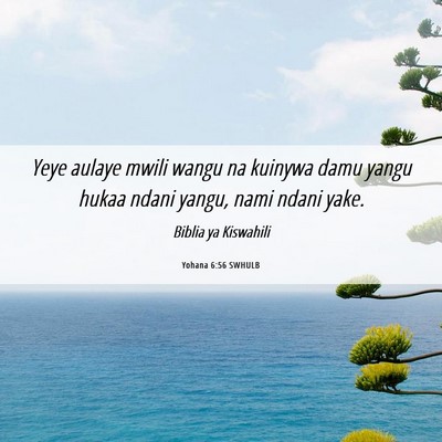 Picture 06 - Yohana 6:56 SWHULB - Yeye aulaye mwili wangu na kuinywa damu yangu - Bible Verse Picture