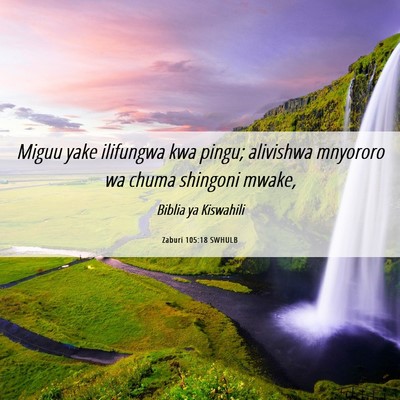 Picture 06 - Zaburi 105:18 SWHULB - Miguu yake ilifungwa kwa pingu; alivishwa - Bible Verse Picture