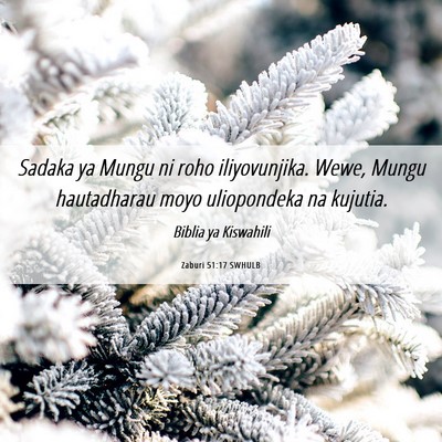 Picture 06 - Zaburi 51:17 SWHULB - Sadaka ya Mungu ni roho iliyovunjika. Wewe, Mungu - Bible Verse Picture