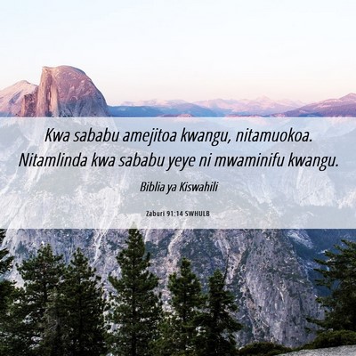 Picture 06 - Zaburi 91:14 SWHULB - Kwa sababu amejitoa kwangu, nitamuokoa. - Bible Verse Picture