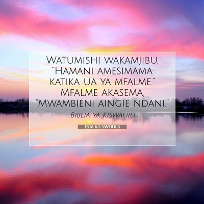 Picture 07 - Esta 6:5 SWHULB - Watumishi wakamjibu, “Hamani amesimama katika - Bible Verse Picture