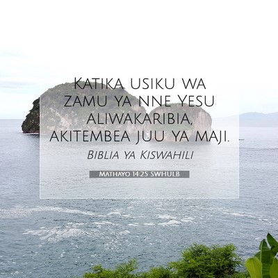 Picture 07 - Mathayo 14:25 SWHULB - Katika usiku wa zamu ya nne Yesu aliwakaribia, - Bible Verse Picture