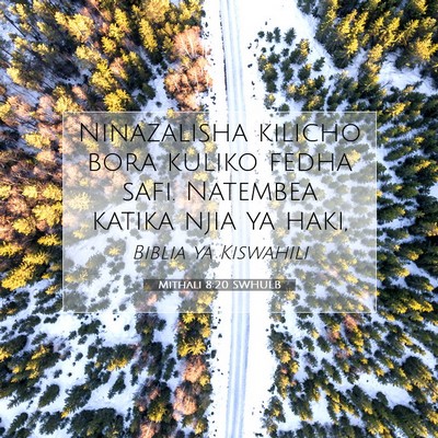 Picture 07 - Mithali 8:20 SWHULB - Ninazalisha kilicho bora kuliko fedha safi. - Bible Verse Picture