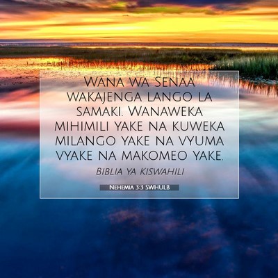 Picture 07 - Nehemia 3:3 SWHULB - Wana wa Senaa wakajenga lango la samaki. Wanaweka - Bible Verse Picture