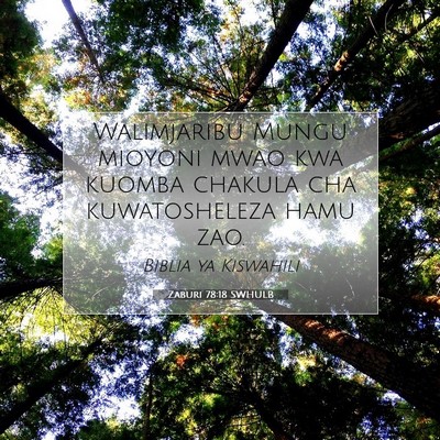 Picture 07 - Zaburi 78:18 SWHULB - Walimjaribu Mungu mioyoni mwao kwa kuomba chakula - Bible Verse Picture