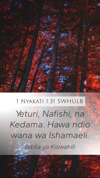 1 Nyakati 1:31 SWHULB Mobile Phone Wallpaper - Yeturi, Nafishi, na Kedama. Hawa ndio wana wa - Mobile Bible Verse Wallpaper
