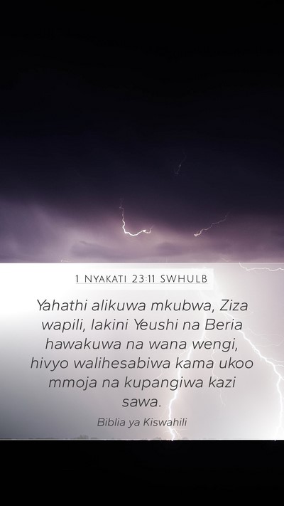1 Nyakati 23:11 SWHULB Mobile Phone Wallpaper - Yahathi alikuwa mkubwa, Ziza wapili, lakini - Mobile Bible Verse Wallpaper