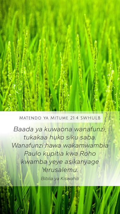 Matendo ya Mitume 21:4 SWHULB Bible Verse Image