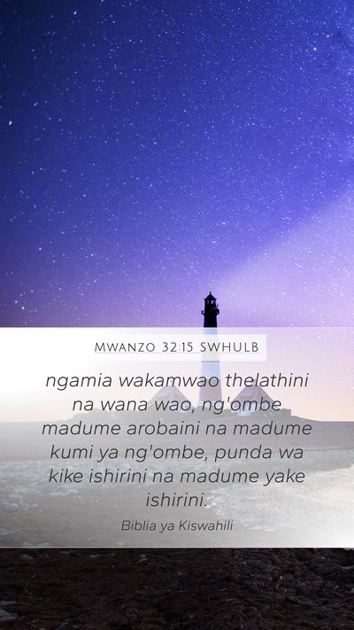 Mwanzo 32:15 SWHULB Mobile Phone Wallpaper - ngamia wakamwao thelathini na wana wao, ng'ombe - Mobile Bible Verse Wallpaper
