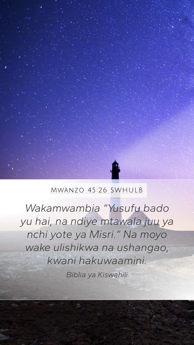 Mwanzo 45:26 SWHULB Mobile Phone Wallpaper - Wakamwambia “Yusufu bado yu hai, na ndiye - Mobile Bible Verse Wallpaper