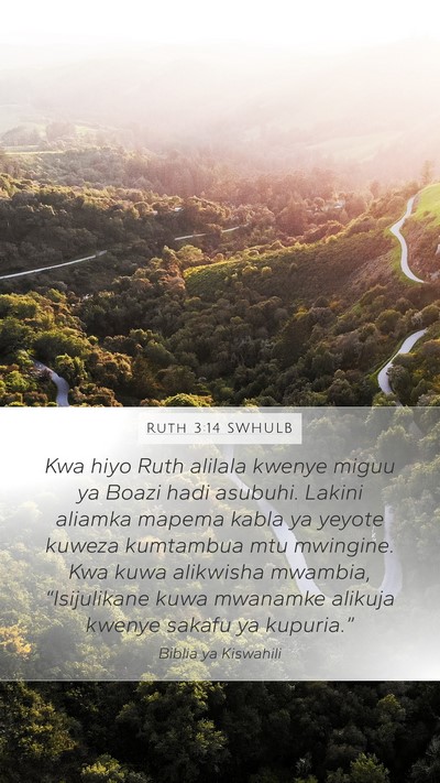 Ruth 3:14 SWHULB Mobile Phone Wallpaper - Kwa hiyo Ruth alilala kwenye miguu ya Boazi hadi - Mobile Bible Verse Wallpaper
